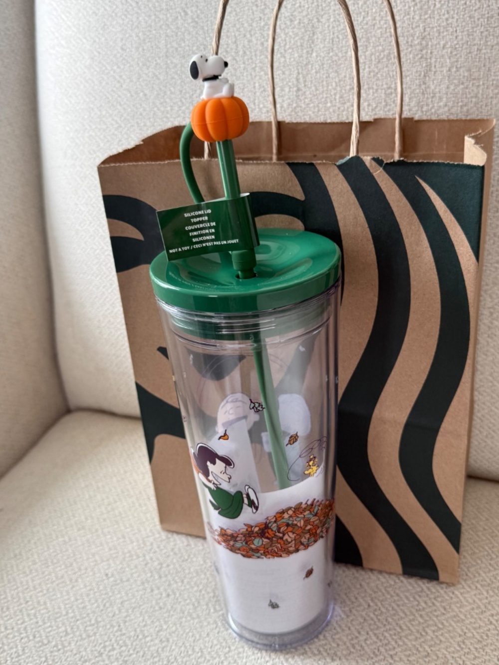 Starbucks Peanuts Snoopy Clear Tumbler Cup Green Lid & Straw Pumpkin Topper - Picture 2 of 5